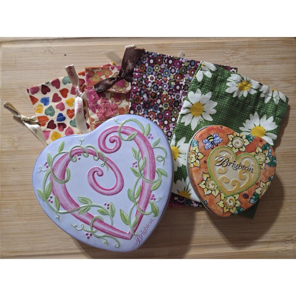 Brighton Drawstring Fabric Jewelry Pouch  Gift Bag Hearts 4‎ Bags + 2 Heart Tin